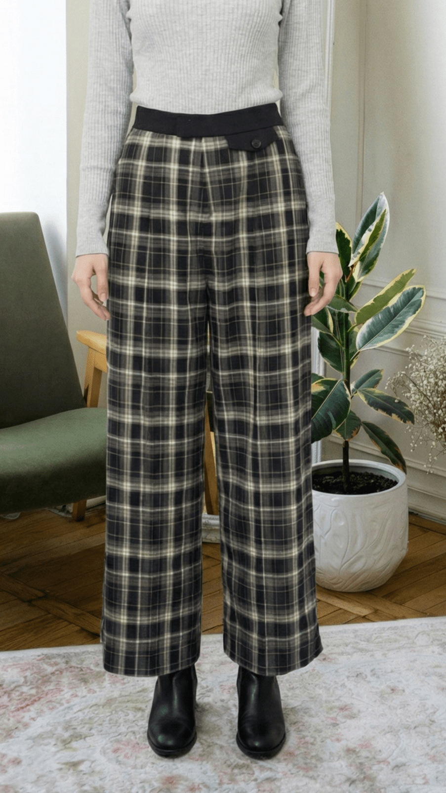 チェック柄ワイドスラックスパンツ