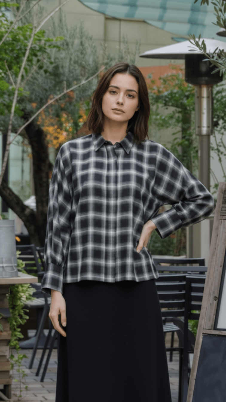 チェックドルマンブラウス
