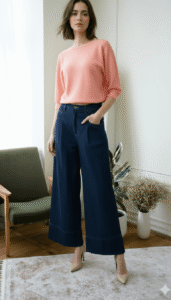デニム調セルロースバックゴムワイドパンツ