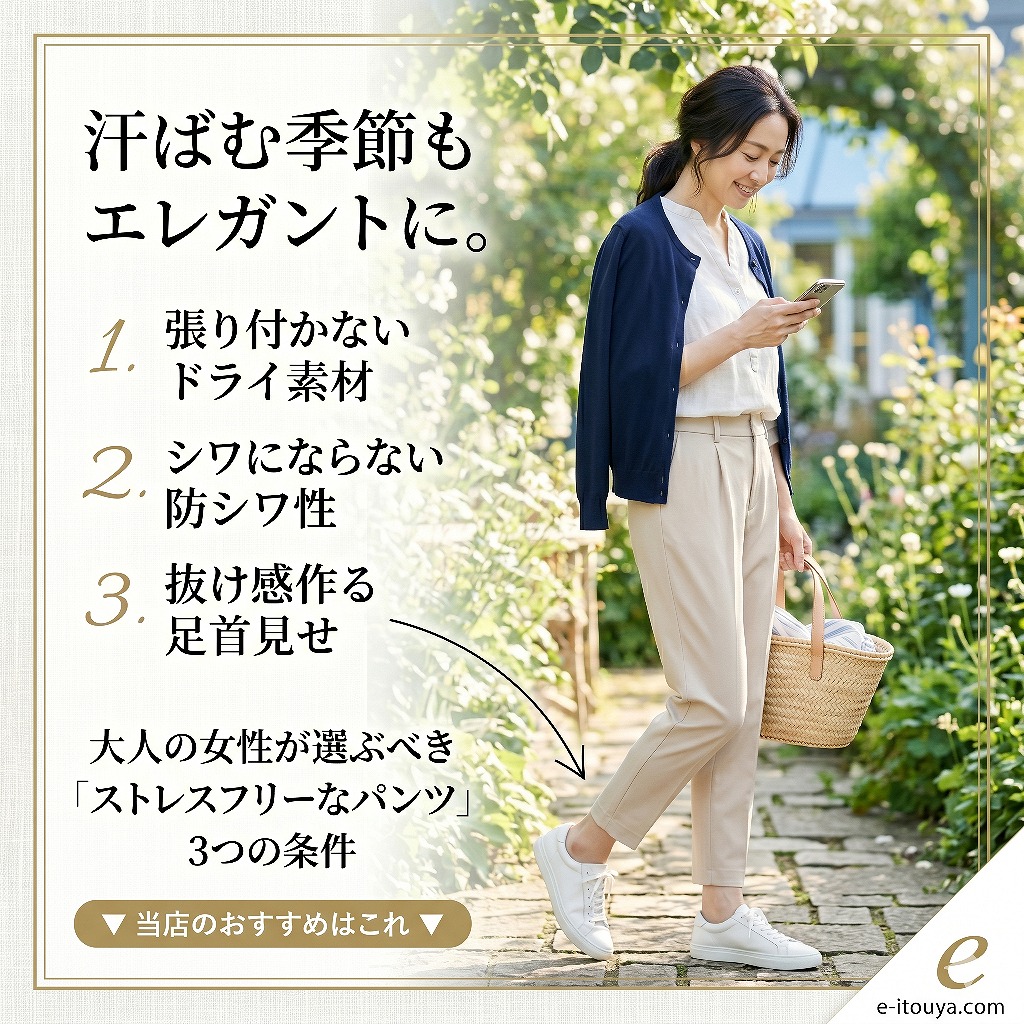 汗ばむ季節もエレガントに。大人の女性が選ぶべき「ストレスフリーなパンツ」3つの条件